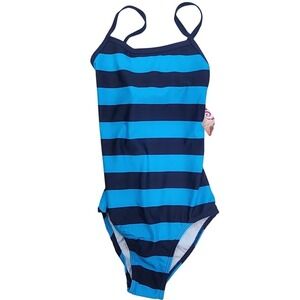 Kanu Surf Layla One Piece Swimsuit Girls 12 Navy/Aqua Striped Strappy Back